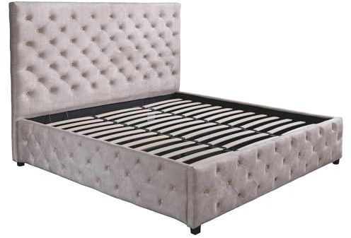 Boxbett PARIS - 160x200cm - champagner beige - Samt mit Stauraum Lattenrost