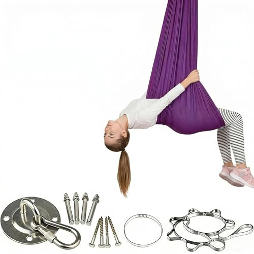 Hängeschaukel Hängematte, Dunkellila, 280x150cm | 150kg Tragfähigkeit, mit Befestigungsset, Yoga Trapez für Zuhause, Indoor & Outdoor, Luftgymnastik Trapez