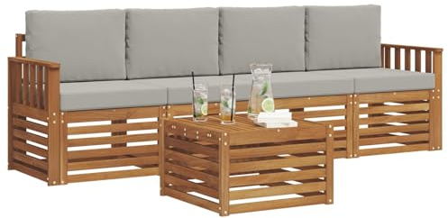 vidaXL Sofagarnituren 5 pcs Natürlich und Hellgrau Massivholz Akazie, Moderne, langlebige Garten-Sofagarnitur, sectionale Möbel für Patio, Terrasse, entspannte Sitzgelegenheit