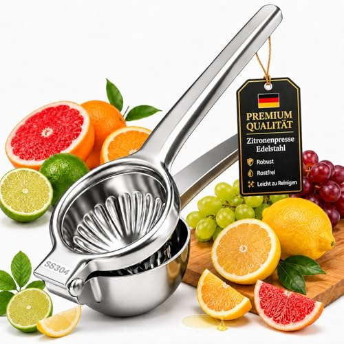 Hohe Qualität Zitronenpresse Edelstahl, Limettenpresse - Perfekt Zitruspresse Manuelle, 100% Einpresstechnik, Maximale Frische und Geschmack, Spülmaschinenfest, Perfekt für Alle Zitrusfrüchte