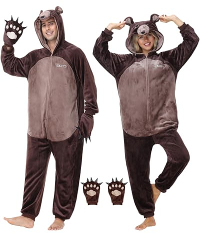 IUTOYYE Tier Onesie Schlafanzug Erwachsene, Unisex Plüsch Einteiler mit Kapuze, Kuh Bär Kostüm für Halloween