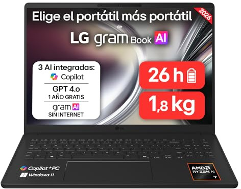 LG gram 16U55U-G.AU85BN - Ordenador Portátil Ultraligero de 16 Ryzen AI 7 445, 32 GB RAM, 512 GB SSD, AMD Radeon Graphics, IPS Antirreflejo, 1800g, 26h, Windows 11, Teclado ES, Negro carbón