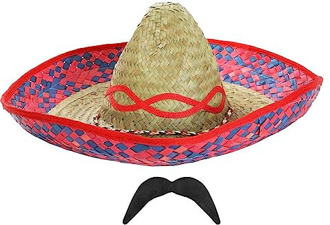 Mexican Sombrero and Tash Costume Set - Pack of 1 - Red Sombrero Straw Hat and Black Mexican Moustache - Mexico Party Fancy Dress Costume Accessory Set