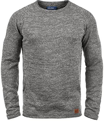 Blend BHDan Herren Strickpullover Feinstrick Pullover mit Rundhalsausschnitt Baumwollmischung Label-Patch Regular fit, Größe:L, Farbe:Pewter Mix (70817)