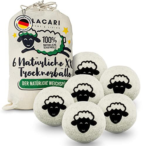 Bolas Secadora de Ropa | Bolas de Secado 6 Piezas | Lacari Original Bolas Naturales de Secado para Ropa Suave | 100% de Lana de Oveja hipoalergénica para un Secado más rapido | Bolas de Secado XXL