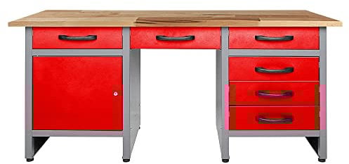 Ondis24 Werkbank 160 cm rot mit 6 Schiebern und Tür abschließbar Werktisch für Werkstatt Holz Arbeitsplatte