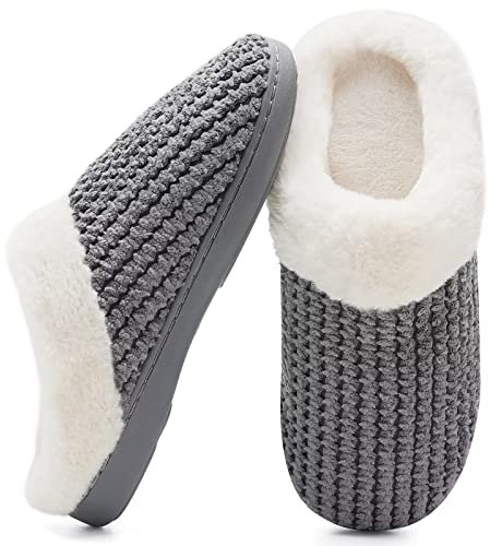 Hiver Pantoufles Femmes en Mousse Mémoire Confort Laine-Peluche Maison Intérieur Mignon Mules Chaussons Anti-Slip Chaud Souple House Chaussures pour Dames Indoor Outdoor, Gris Foncé, 38/39 EU