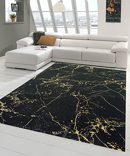 Teppich-Traum moderner Schlafzimmerteppich mit abstraktem Muster in schwarz Gold, Größe 160x230 cm