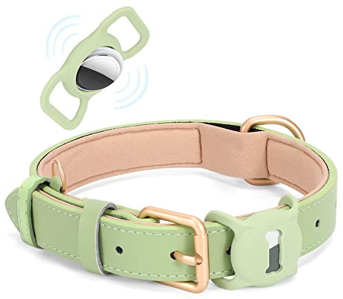 WHIPPY AirTag Hundehalsband Leder Verstellbares AirTag Halsband Leder mit Gepolstert und Metall Schnalle Klassisches Weiches Air Tag Hundehalsband für Welpe Kleine Mittel Große Hunde Grün,S