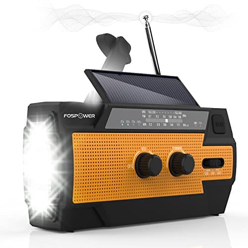 FosPower Radio d'urgence Météo 4000mAh (modèle A3) Solaire/manivelle/à Piles Chargeur de Batterie Portable avec AM/FM, Lampe de Poche LED, Alarme SOS pour la Randonnée et l'extérieur (Orange)