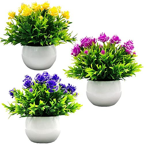 Fycooler Fleurs Artificielles Plantes Lot de 3 Petites Plantes Artificielles en Pot - Tricolore - Pour l'intérieur et l'extérieur - Décoration pour Salle de Bain, Salon, Maison, Bureau, Maison, Balcon