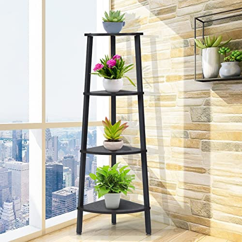 4-Tier Corner Shelf, Industrial Ladder Plant Stand Unit with Adjustable Foot Pads, Home Office Storage Display Bookshelf for Living Room, Bathroom and Bedroom (Grey)