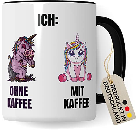 Einhorn Tasse Geschenk Kaffeetasse mit Spruch lustig Ohne Kaffee mit Kaffee, Geschenk-Idee Kaffeeliebhaber Kaffeetrinker Kaffee-Becher Humor Witztasse (Weiß/Schwarz)
