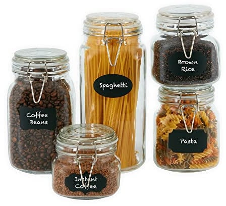 ZENO Glass Food Jars - Set of 5 | Glass Jars With Lids | Airtight Jars for Food | 10 Reusable Stickers & Chalk Pen | Kitchen Jars with Clip Top Lids | Food Containers for Pasta, Rice, Coffee Beans