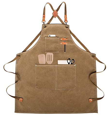 SUPRBIRD Schürze Kochschürze Grillschürze für Männer und Frauen Canvas Jeans Schürze mit Taschen und Verstellbarem Gürtel,Witziges Geschenk,für Küche Grill Handgemacht Backen (braun)
