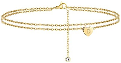 TINGN Fußkettchen für Damen Gold, 14 Karat Gold Gefüllt Handgefertigt Geschichtet mit Buchstabe D und Herz - Schmuck Geschenke für Frauen