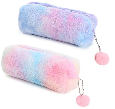 2 Plüsch-Federmäppchen, niedliches Regenbogen-Federmäppchen, große Kapazität, Schreibwaren-Aufbewahrungstasche, Mädchen-Schreibwaren-Federmäppchen, Kinder-Plüsch-Federmäppchen (Rosa, Lila)