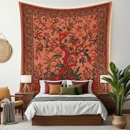 Craft Trade Orange Baum Wandteppich Indische Wandtuch Tapestry Wandbehang Boho Wandteppiche für Heimdeko Wohnzimmer und Schlafzimmer - 213 x 228 cm