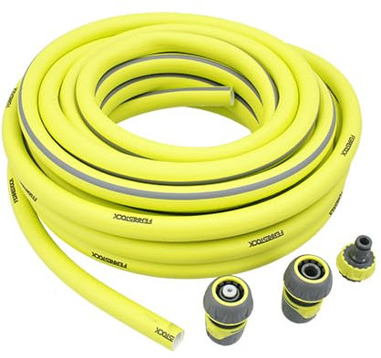 Ferrestock Manguera de Jardín Antinudos de 15 Metros, 3/4” de grosor (19mm), Antitorsión, PVC Flexible con Refuerzo de Poliéster, 3 Capas, Resistente a los Rayos UVA, Antialgas, Incluye Accesorios
