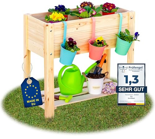 ITA Jardinera Elevada 80x37x78 cm de Madera Natural - Huerto Urbano con sólida repisa Jardín, Terraza, Balcón - Calidad Directa del Fabricante