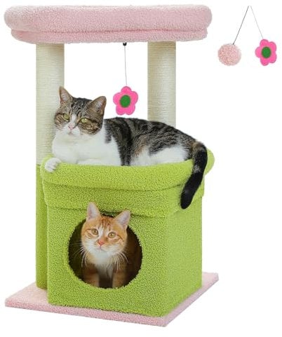 PAWZ Road Kleiner Katzenbaum, mehrstöckiger Katzenturm mit Sisal-überzogenem Kratzbaum, gemütlicher Katzenwohnung und großer Katzensitzstange für Hauskatzen, Rosa