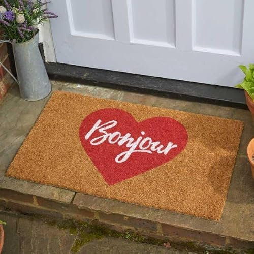 Garden Mile 75 x 45cm Natural Coir Entrance Door Mat - Indoor Outdoor - Non-Slip Heavy Duty Door mat with thick Coir Bristle & PVC Anti Slip Backing (Bonjour)