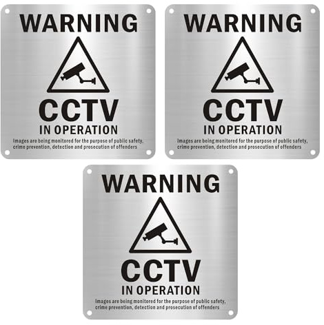 3 Stück Cctv-Schilder, Cctv-Warnschilder, Cctv-Kameraschilder, Cctv-Außenschilder, Gebürstete Warnschilder, Warnschilder, Aluminium-überwachungsschilder, Cctv-Laufschilder
