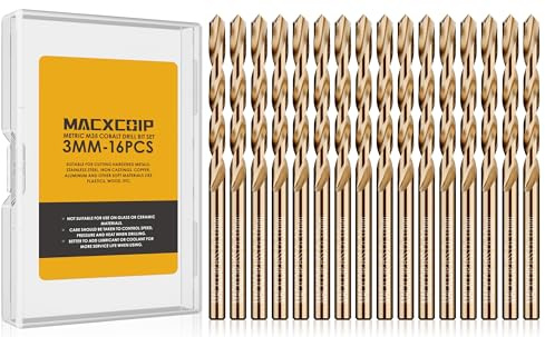 MACXCOIP Metric 16Pcs M35 Cobalt Drill Bit Set, 3mm HSS Cobalt Jobber Drill Bits, for Hardened Metals, Stainless Steel, Cast Iron and Wooden Plastics
