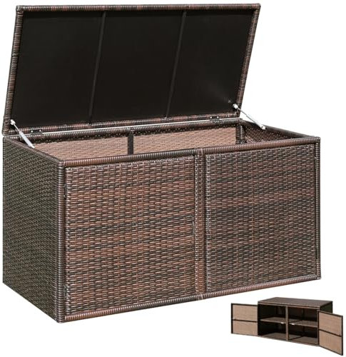 GiantexUK 330L Garden Storage Box, Weatherproof Rattan Deck Box with 2 Shelves, Pneumatic Rod & Handles, Outdoor Utility Chest Container for Patio Poolside Cushions Pillows Tools Toys (Brown)