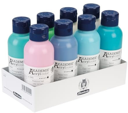 Schmincke Academia® 76763097 - Bandeja acrílica con 8 tonos de acción en botellas de 250 ml, pintura acrílica con la máxima resistencia a la luz