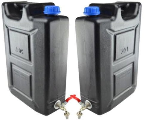 Lot de 2 bidons d'eau en plastique avec robinet - 20 l - Bidon d'eau potable - Bidon en plastique - Pour la maison, le jardin, le camping, etc., fermeture étanche - Noir