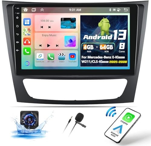 OiLiehu 6+128G 8 Kern Android 13 Doppel Din Radio für Mercedes Benz W211 E-Class CLS-Class W219 (2005-2008) CarPlay Android Auto Autoradio Mit Bildschirm 9 Zoll mit Bluetooth GPS FM RDS WiFi DSP/EQ
