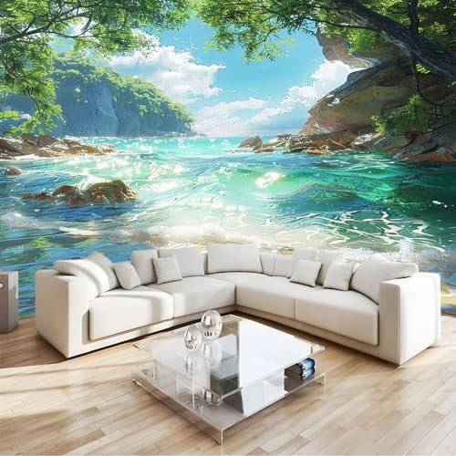 Papier Peint Intissé paysage vert de mer Effet 3D Tapisserie Murales Papier Peint 400 x 280 cm Muraux Photo Décoration Murale Salon Chambre