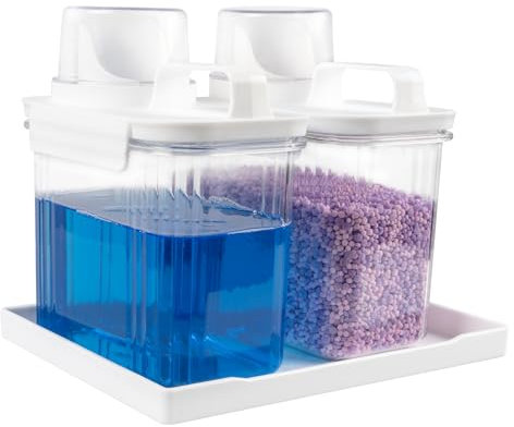 51oz Laundry Detergent Container, 2 Pack Plastic Liquid Detergent Dispenser for Laundry Room Powder,Soap ,Fabric Softener, Scent Beads Storage and Organization,with 5 Labels,1 Tray.(2, 51oz)