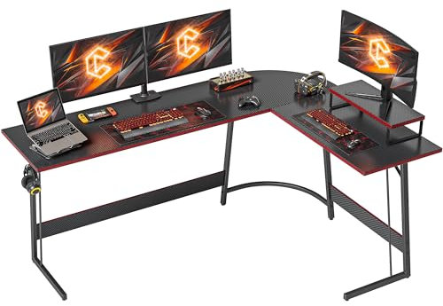 Cubiker Gaming Tisch 170x120x75cm, Schreibtisch mit Monitorständer, Eckschreibtisch, Gaming Schreibtisch L Form, Computertisch, Kohlefaser Schwarz