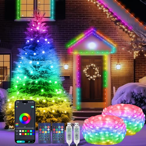 Diealles Shine Luci Albero di Natale, 2 Pezzi 10M 100LED RGBIC Luci di Natale, Smart Luci Multicolore LED Controllo APP/Telecomando, Impermeabile IP65 Catena Luminosa per Interni ed Esterni
