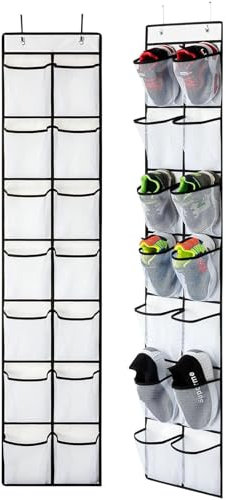Hanging Shoe Storage, Shoe Racks with 14 Large Mesh Pockets 2 Hooks for Shoe Storage,Wardrobe Door Tidy with,Kitchen Bedroom Bathroom Closet Holder(White)
