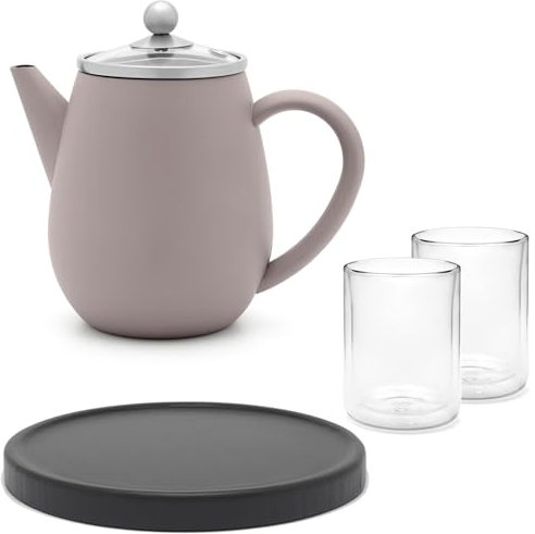 Doppelwandige Mini Teekanne 0.5 Liter beton-grau - matte Edelstahlkanne Set mit schwarzem Holz-Untersetzer & 2 isolierende Teegläser je 290 ml