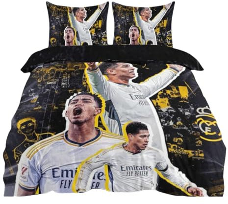 Generisch Fußballstar-Bettwäsche-Set 155 x 220 cm mit Kissenbezug 50 x 75 cm, Bellingham-Muster, Kinder-Bettwäsche-Set, Mikrofaser-Reißverschlussbezug für Jungen, Mädchen, Teenager