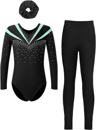 Jydiazi Kinder Mädchen Gymnastikanzug Langarm Mit Hose Lang Glitzer Turn Trikot Leggings Haargummi/Top 3er Tanzkleidung Set Hellgrün&Schwarz&Haargummi 158-164