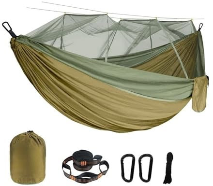 VNSMM Hamacas Camping Hamaca Doble con mosquitera, 300 × 200 CM, Talla Grande, Hamaca para Exteriores, Tela de Nailon para Acampar Hamac de Jardin(Armygreen)