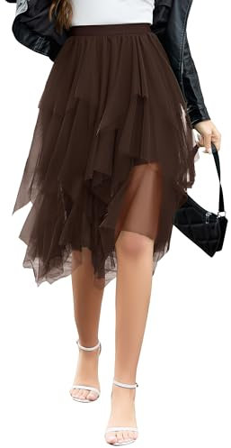 Wikoan Jupe Femme Tulle Tutu Irrégulier sous-Jupe Superposée Jupon Ballet Prom Party Robe Plissée A-Line Jupes Midi Carnaval Halloween Jupes Marron Foncé XXL