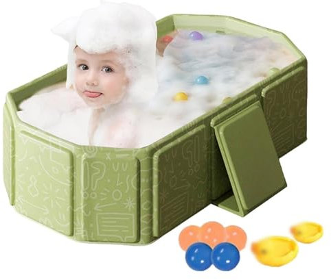 Große Faltbar Baby Badewanne mit 5 Kugeln, 2 Enten - Babywanne -Kleinkindbadewanne - Tragbares Baby Bathtub - Geburtsgeschenke für Mädchen & Jungen (Grün)