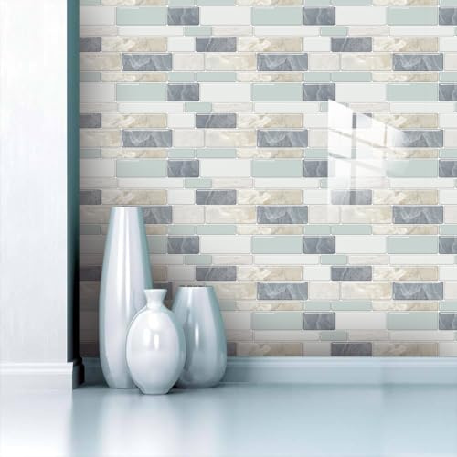 Fliesenaufkleber Mintgrün Grau Mosaikfliesen PVC Klebefliesen Küche Bad Wand Fliesensticker Klebe Fliesen Küchenfliesen Überkleben Tile Sticker Selbstklebend Fliesen zum Kleben 12x24cm/40 Pcs