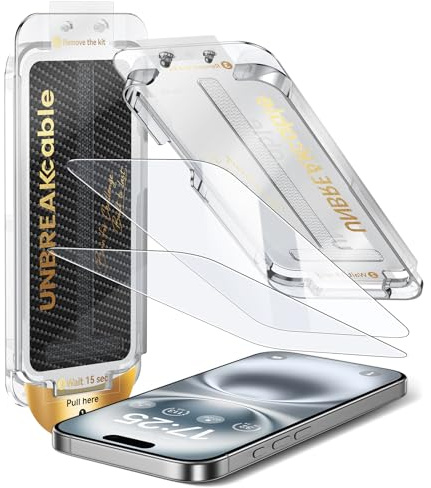 UNBREAKcable 2er Pack Display Schutzfolie für iPhone 16/15, Automatische Staubentfernung, 9H Militär-Standard, Blasenfreie Montage, Gehäusekompatibel, HD Klar (6.1 Zoll)