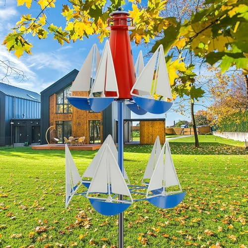 Leuchtturm Segelboot-Windmühle, Segelboot-Windmühle, Dekoration, Windmühlen, Metall, Hof-Spinner, Skulptur, Outdoor-Kunst, Windskulptur, kreative nautische Kunst, Ornament für Garten, Hof