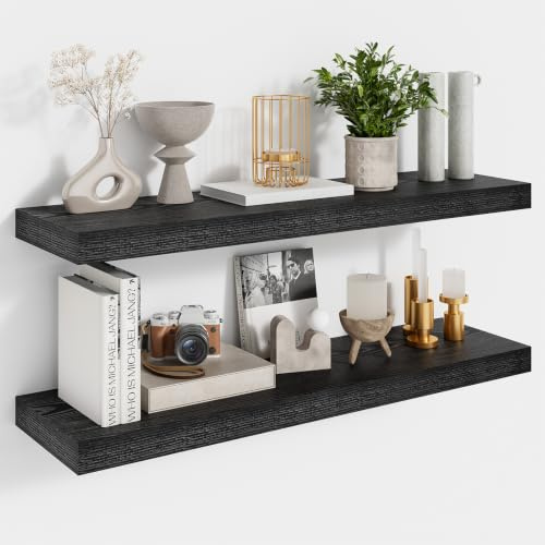 Feihorrm Schweberegal 2er Set, Wandregal Schwarz, 60cm Regal, Regal Wand | Regal Wand mit unsichtbaren Halterungen, Wandregal Holz für Büro, Badezimmer, Schlafzimmer, Küche und Wohnzimmer
