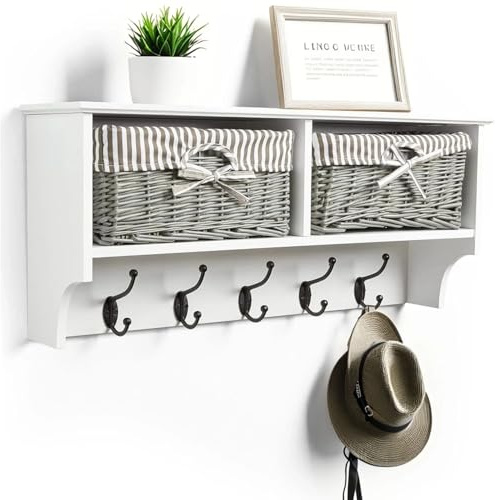 White Wall Mounted Coat Rack with Shelf – 2 Grey Wicker Baskets & 5 Double Hooks – Hallway Entryway Organiser for Coats, Jackets, Hats, Bags, Scarves & Keys – Space-Saving Storage H30 x W70 x D17cm