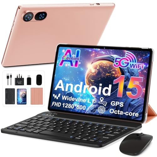YESTEL Tablet 10 Inch Android 15 with Gemini AI, 30GB RAM + 2TB ROM Expansion, Widevine L1, Octa-Core, 5G WiFi, GPS, FHD IPS, BT5.0, 6000mAh, 2 in 1 Tablet with Keyboard + Mouse, Gold