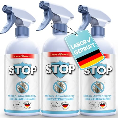 KRAFTKÖNIG Milbenspray 3x 500ml Geeignet für Kinder, Allergiker & Haustiere | Sehr effektiv; Milbenspray für Matratzen und Polster in Schlafbereichen; 6 Monate Langzeitschutz zur Abwehr; laborgeprüft